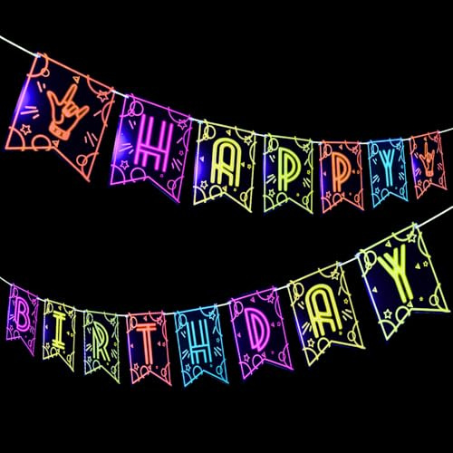Pancarta de feliz cumpleaños, letrero de neón pretrung Let Glow para fiesta de luz negra, suministros de fiesta de neón para decoraciones de cumpleaños