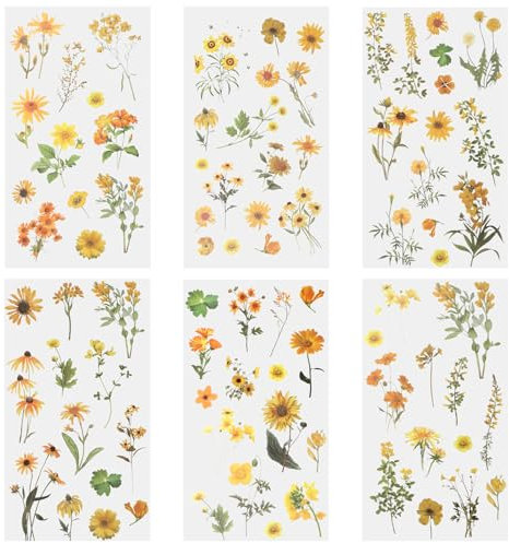 Sunflower Stickers, 6 Pcs Transparent Decals for Crafts Waterproof Flower Stickers Vinyl Flower Themed Decals for Scrapbook Supplies Card Making Journaling Water Bottles DIY Crafts Decoration