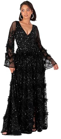 Maya Deluxe dammaxiklänning V-halslinjepaljett med ruffle Empire midja slit split för bal boll bridesmaid bröllopsgäst, svart 46, svart, 46