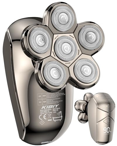 Glatzen Rasierer Herren Elektrisch, Kibiy 5-in-1 LED Kopfrasierer für Glatze mit 6 rotierenden Scherköpfen, IPX7 Wasserdichter Bart- und Nasenhaartrimmer Pflege Kit, Typ-C Aufladbar, Head Shaver