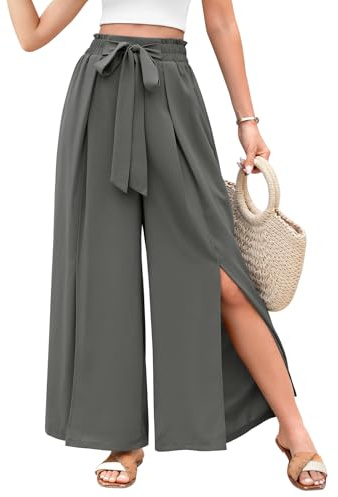Svanco Pantalon D'été Fluide pour Femme avec Jambe Large Et Ouverte, Taille Haute Élastiquée, Pantalon Palazzo Ample avec Poches