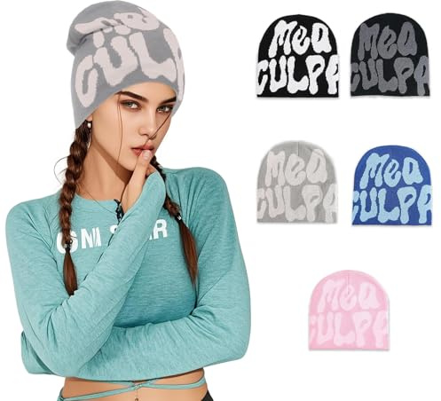 YSNeoBrim Y2K Beanies for Women Man,MEA Culpa Beanie Unique Pattern Design, Y2K Knitted Hat Suitable for All Seasons Wearing (US, Alpha, One Size, Grey Grey)