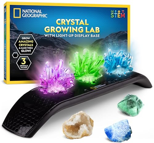 Kit de Cristales National Geographic – Cultiva 3 Cristales de Colores con Base Iluminada y Guía, Incluye Geoda, Fluorita Verde y Otras Gemas Reales