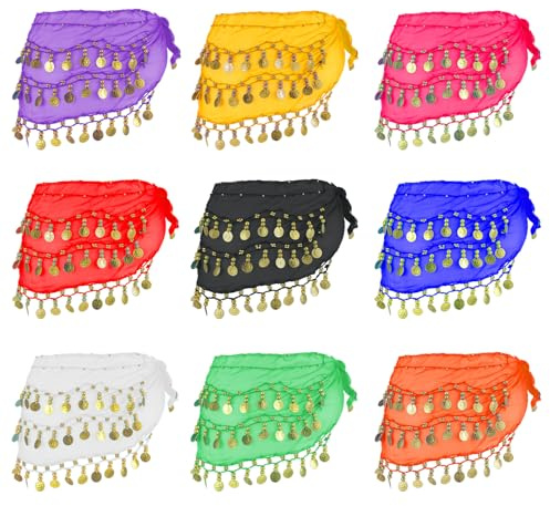9 Pcs Belly Dance Hip Scarf, Belly Dance Skirt Sequin Tassel Skirt Wrap Sparkly Tinsel Fringe Skirts with Sequins and 128 Gold Coins Performance Costume for Women