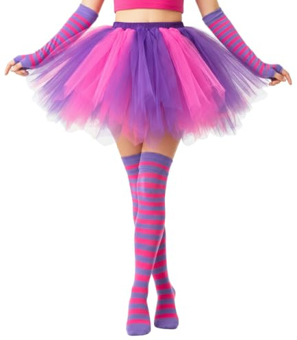 Fluffy Tulle Tutu Skirt Costume, Satin Lined Skirts with Striped Socks for Halloween Run Spirit Week (Hot Pink/Purple, Medium)