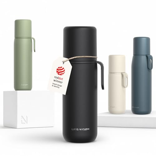 LARS NYSØM Thermosflasche aus Edelstahl - Doppelwandige Isolierflasche mit Becher & Tragegurt, Auslaufsichere Trinkflasche Edelstahl & Thermoskanne für Reisen, Büro & Outdoor (Carbon Black, 500ml)
