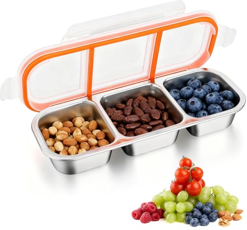 600ml Bento Box in Acciaio Inossidabile con 3 Scomparti e Coperchi, Portamerenda Ermetico Riutilizzabile, Contenitore Snack Suddiviso, Scatola Alimenti a Tenuta Stagna per Scuola, Picnic, Viaggi, Casa