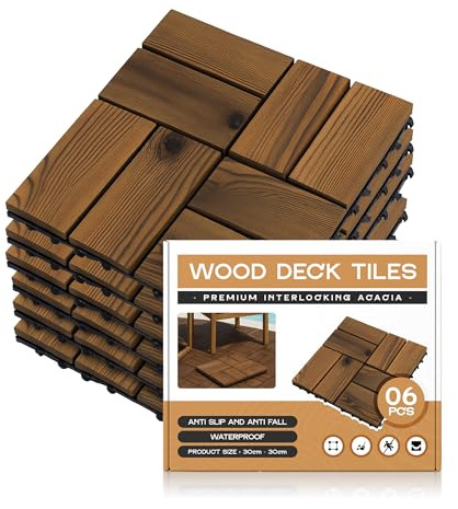 6 Pcs Decking Tiles 30×30cm Plastic Interlocking Flooring Tiles Deck Tiles Waterproof & Non-Slip for Outdoor & Indoor Patio Garden Balcony Poolside,Brown