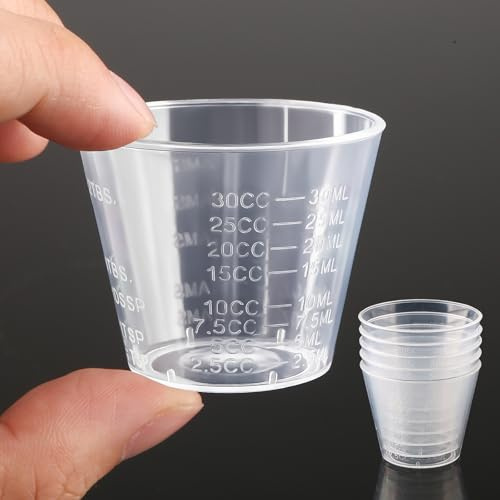 5 tazas medidoras de plástico transparente de 30 ml, tazas graduadas reutilizables para líquidos, hornear en la cocina, laboratorio y herramienta de dosificación de medicamentos