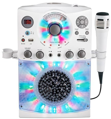 Singing Machine Portable Karaoke Machine for Adults & Kids with Wired Microphone, White - Built-In Speaker, Bluetooth with LED Disco Lights - Karaoke System with CD+G Player & USB Connectivity