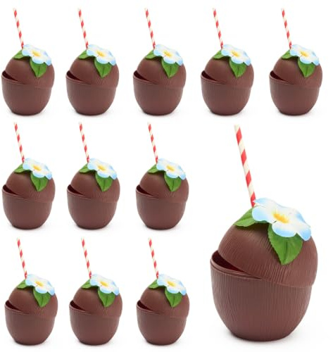 THE TWIDDLERS 12 Vasos en Forma de Coco 470 ml con Flores Hawaianas y Pajitas de Papel – Vasos de Plástico Reutilizables para Fiesta Hawaiana, Tiki Bar, Decoración Tropical, Piscina y Cumpleaños