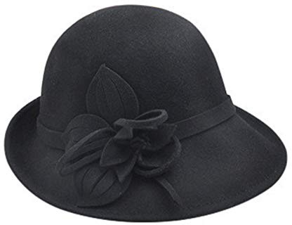 Ulalaza Cappello a cloche in feltro a tesa larga retrò con fiocco floreale cappello alla pescatora per le donne, 2-nero, Taglia unica