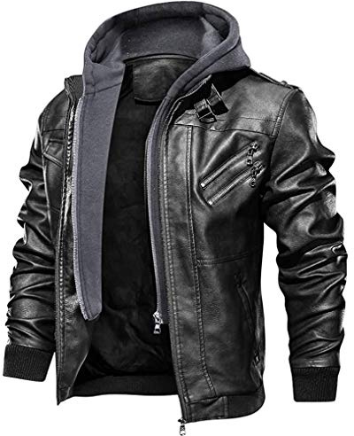 Priessei Men's Faux Leather Bomber Jacket with Removable Hood Biker Windbreaker Coat Slim Fit Moto Jake Black M