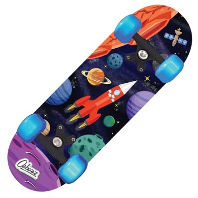 OzBozz SPACE SKATEBOARD WITH FLASHING WHEELS- 17 INCH-Wheels Light Up When Moving, Assorted Designs and Colours