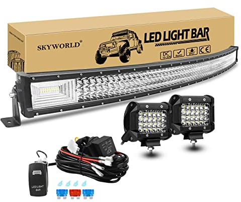 SKYWORLD Zusatzscheinwerfer, 52 Zoll 67500LM Gebogen LED Arbeitsscheinwerfer Offroad Beleuchtung mit 12V kabelbaum kit, 2 x 4 Zoll 6000LM Rückfahrscheinwerfer Auto SUV LKW KFZ 4x4 Fahrzeuge