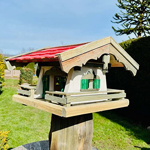 DARLUX handgefertigtes/rechteckiges Vogel Futter Haus L Futterstelle aus Holz Vogelhaus Rot wetterfest