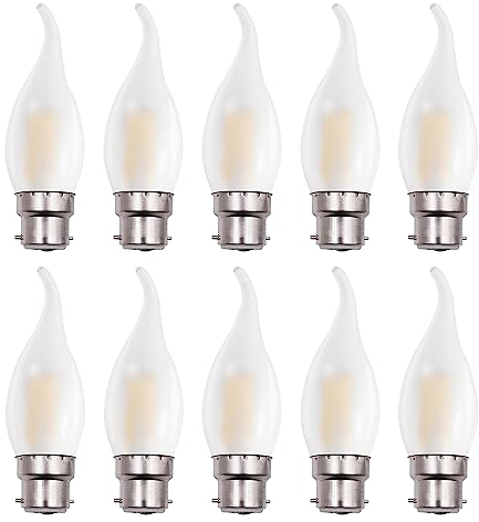 BELINGGO B22 dimmbare Bajonett-LED-Leuchtmittel, B22d Kerzen-Filament, Kronleuchter, C35, weich, warmweiß, 2700 K, Milchglas, Flammenform, gebogene Spitze, energiesparend, 10 Stück