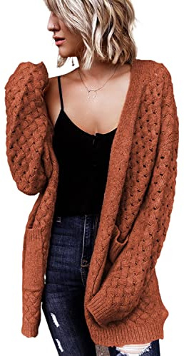 Dokotoo Womens Winter Autumn Fashion Open Front Chunky Cardigan Sweaters for Women Long Sleeve Soft Knitted Casual Cardigans Outwears Pocket Jackets Coats Brown Large