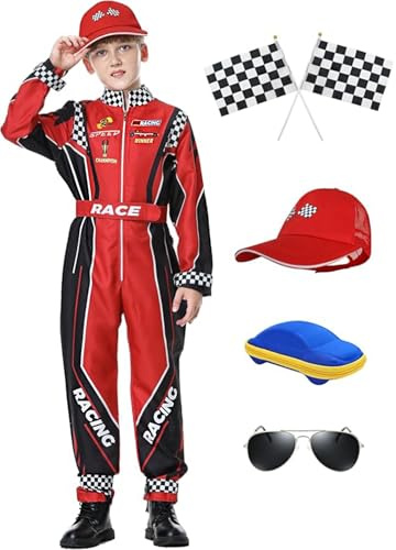 KUKIKUKI Disfraz de Conductor de Coche de Carreras para Niños Mono de Carrero con Gorra de Coche para Niños Disfraz para Halloween (Set Rojo, 120)