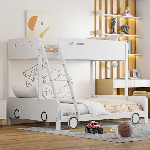 Idemon Lettino a castello in legno, letto superiore 90 x 200 cm, letto inferiore 140 x 200 cm, letto familiare per bambini, letto a castello, telaio in legno massello, forma auto, colore bianco.