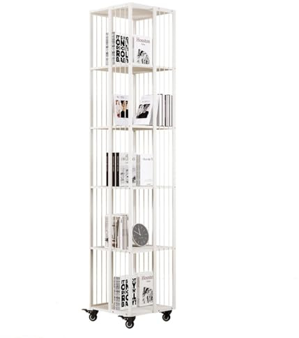 Libreria Da Terra Con Rotazione A 360° - Libreria Torre Per Libri Girevole Con Ruote, Espositore In Ferro Battuto Scaffale Organizzatore Girevole A Scaffale Stretto Per Piccoli Spazi Camera(White,5tie