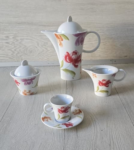 Weissestal Avola-kaffeservice, set med 15 delar, vitt porslin med blommönster, inkluderar kaffebryggare, sockerskål, mjölkkanna och 12 koppar med fat