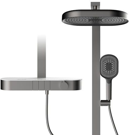 Columna Ducha Termostatica Con Grifo,Ducha De Techo De 360​mm Ducha Baño Columna,La Teleducha Tiene 3 Modos De Agua,Marco Fijo Elevable Para Ducha De Mano,Plataforma De Almacenamiento De 470 Mm,Gris