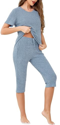 Wikoan Capri Pyjamas Set for Women, Ribbed Summer Cropped Pj's Set Tops and Capri Pants 2 Piece Outfits Loungewear with Pockets Drawstring S-XXL
