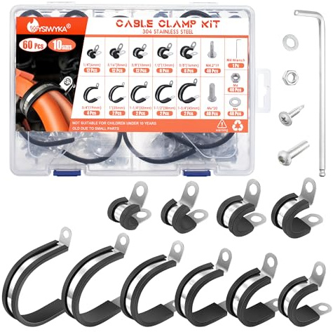 WYSIWYKA 60PCS Cable Clamps Assortment Kit,10 Sizes-1/4 5/16 3/8 1/2 5/8 3/4 1 1-1/4 1-1/2 1-3/4 Wire Clamps,304 Stainless Steel Rubber Cushion P Clamp for Tube, Pipe,Wire Cord Installation