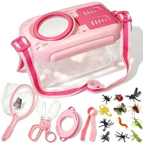 Kulveanju Kit Esploratore Bambini Giochi da Esterno, Set Caccia Insetti, Casella di Osservazione degli Insetti, 12 Insetti Finti, Gioco Kit Osservazione Regalo per 4 5 6 7 8 Anni, Rosa