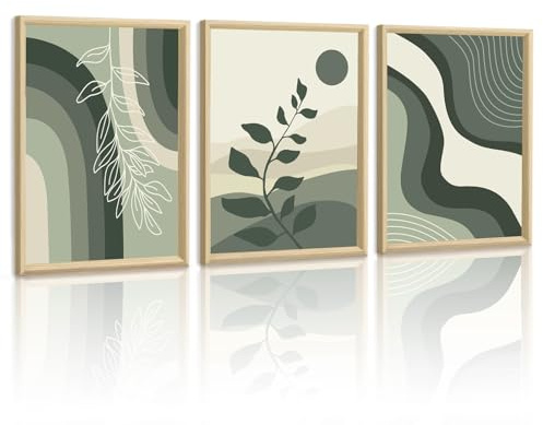WENGTIAO Stampa su Tela Incorniciata Boho Verde Scuro, Astratta Geometrica Minimalista Botaniche Pittura Quadri Moderni Soggiorno Camera da Letto Decorazioni Parete 30x40cmx3
