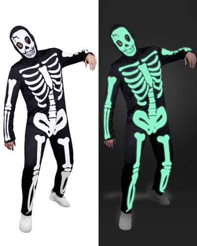 Funidelia Disfraz de esqueleto brilla en la oscuridad para hombre, Incluye mono y pasamontañas - Traje para adultos para fiestas, Carnaval y Halloween, Talla L