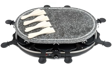 Giles & Posner Griglia Raclette da Tavolo 8 pezzi – Piastra in Pietra da 1200W con 8 Padelle Antiaderenti, 8 Spatole, Piano di Cottura 43x30cm, Temperatura Regolabile, Griglia e Servi a Tavola
