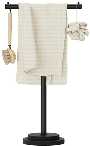 GUOHNHE Type T Porte Serviettes sur Pied, Porte-Serviettes Autoportant, Réglable en Hauteur, Support Salle de Bain, en Acier Inoxydable, (46-80) x 41 x 24 cm, Noir, Lot de 1, GMJJ001B-1