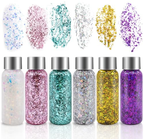 6 Bottle Paillettes Visage,Glitter Body Gel,Paillette Maquillage,Paillettes Corps, Mermaid Sequins Body Glitter,pour Festival Fête Noël Pâques Maquillage Décoration (Blanc/Or/Argent/Rose/Vert/Violet)