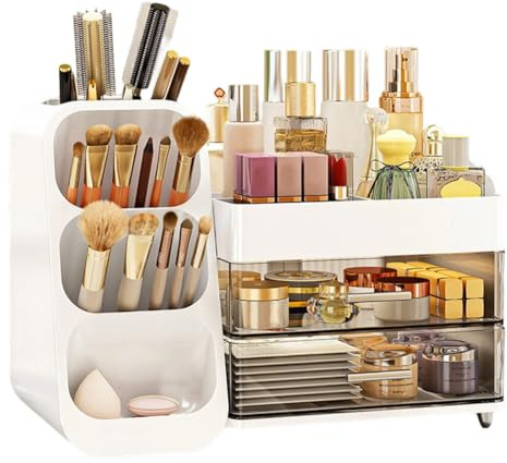 EUBSWA Organizer per cosmetici con 3 cassetti, grande spazio e portatile, per scrivania, viaggi e bagno, ideale per gli amanti del trucco e i professionisti (bianco)