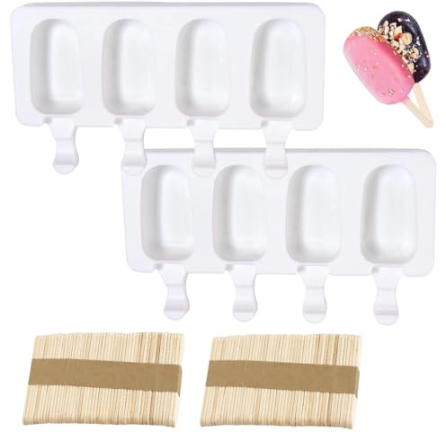 YIPFEN 2 Pcs Moldes para Helados + 50 Palitos de Madera, Moldes de Silicona para Helados, Molde para Paletas, Cake Pop Ice Lolly, Ideal para Hacer Helados Caseros y Postres Creativos
