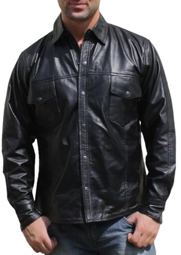 German Wear Lederhemd Herren Motorradhemd Lederjacke Farbe: Schwarz, Größe: L