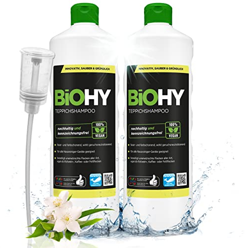 BiOHY Shampoo per tappeti (2 bottiglie da 1l) + Distributore | Concentrato detergente efficace | ideale per rimuovere le macchie ostinate | ben tollerato dagli animali (Teppichshampoo)