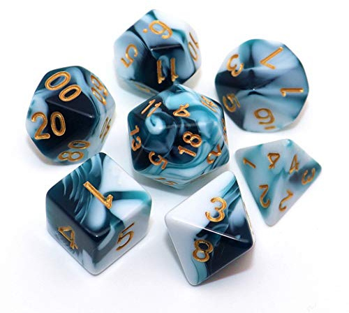 CREEBUY D&D Dice Set Teal White Dice for Dungeon and Dragons DND 7-Die RPG Dice D20 D12 D% D10 D8 D6 D4