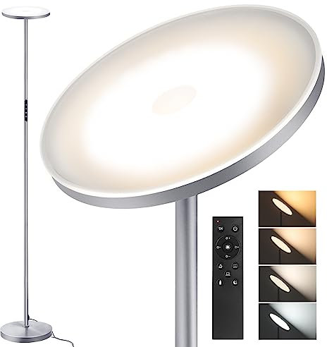 OUTON LED Uplighter Floor Lamp 30W 3000LM, Bright Modern Torchiere Dimmable Standing Lamp, Remote Touch Control & 4 Color Temperatures, 1 Hour Timer for Living Room, Bedroom, Office, Silver Grey