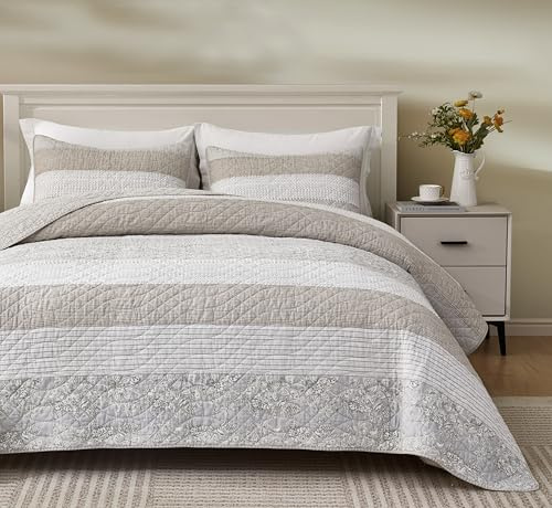Chezmoi Collection Robyn 3-Piece Neutral Taupe Gray White Floral Hibiscus Flower Patchwork Striped Quilt Set - Pre-Washed Cotton Coverlet - Lightweight Reversible Bedspread, King Size