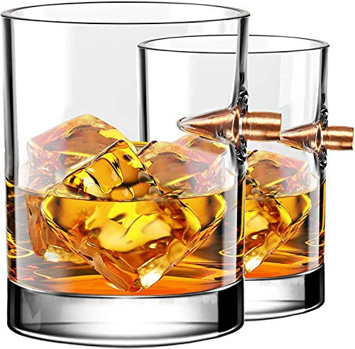 Bicchiere da whisky a proiettile, 2 Pezzi Shot Glass Whisky Set con Proiettile Reale , Bicchieri Whisky Cristallo Soffiato, per Scotch, Bourbon, Brandy, Utilizzato in case e ristoranti (B-2PCS)