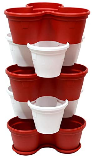 5X Blumentopf Säulentopf Pflanzturm Hochbeet mit Untersetzer stapelbar Kunststoff Farbmix Rot Weiß