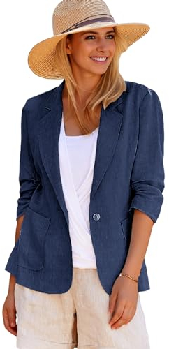 Mina Self 2025 Frühlings-Damen-Blazer, Leinen, 3/4-Ärmel, dehnbar, gerüschte Ärmel, vollständig gefüttert, leicht, lässig, Arbeit, zierlicher Anzug, 1-dunkelblau, M