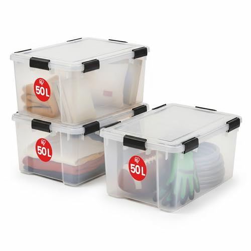 Iris Ohyama Luftdichte Kunststoff-Aufbewahrungsboxen mit Deckel, 50L, 3er-Set, Transparent, Hermetischer wasserdichter Verschluss, Robuste Schnappverschlüsse, Stapelbar, Staubschutz, BPA-frei, AT-L