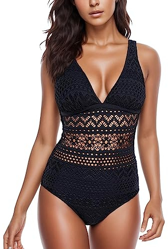 pvucpot Femme Sexy Maillots de Bain en Dentelle Bikinis 1 Pièce Noir Push up Creux