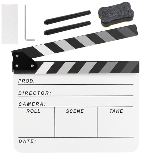 Ribvane Claqueta de directores de cine, pizarra para fotografía, video, escena de acción de corte de TV, accesorios acrílicos con un borrador magnético de pizarra, dos bolígrafos personalizados, paño