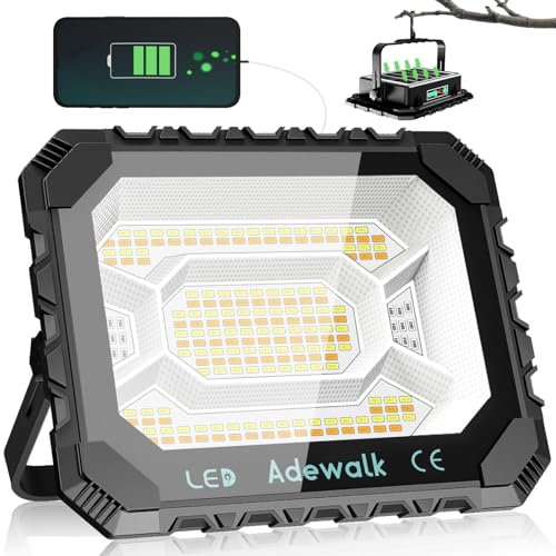 Adewalk 200W LED Baustrahler Akku Solar Arbeitsleuchte Tragbare, 16000LM 16000mAh Akku Arbeitsleuchte USB-Wiederaufladbar, 5 Lichtmodi, Campinglampe Tragbar im Freien für Notfälle, Baustelle, Camping