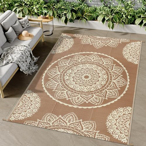 Famibay Tappeto da esterno per patio, impermeabile, 150 x 245 cm, reversibile, in plastica, resistente ai raggi UV, portatile, per interni, per camper, balcone, picnic, marrone, beige